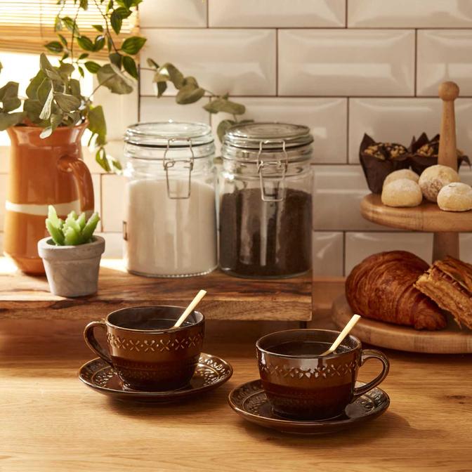 Olivia Seramik 2'li Çay Fincanı Seti Kahverengi (225 cc)